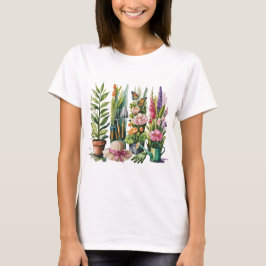 CAMISETA TEMA DE JARDINAGEM DE FOLHAGEM E FLORES