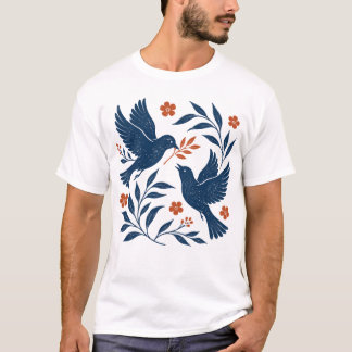 Camiseta Tema de pássaros Botânico Retro Boho Vintage