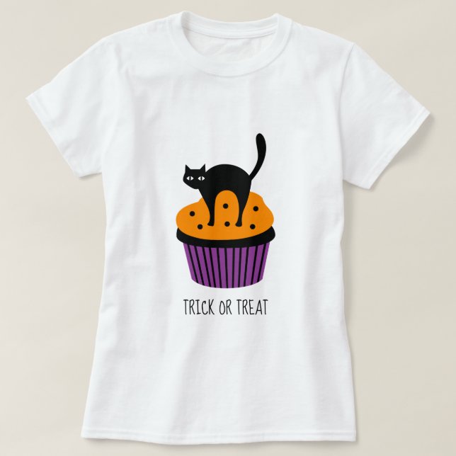 Camiseta Tema do Dia das Bruxas do cupcake de Gato Negro (Frente do Design)