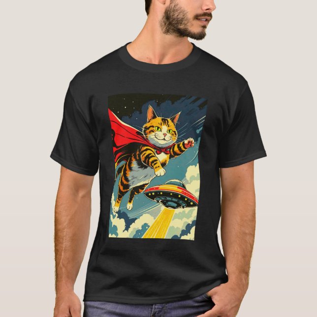 Camiseta Tema Gato Voando Com OVNI, Gato Fofo Com  (Frente)