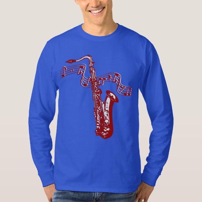 Camiseta tema musical Saxofone Vermelho e notas (Frente)