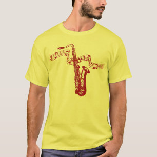 Camiseta Tema Musical Saxofone Vermelho Notas Vermelhas - C