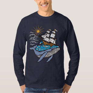 Camiseta Tema Náutico de Baleia Azul Navio à Vela Onda
