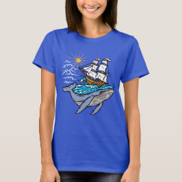 Camiseta Tema Náutico de Baleia Azul Navio à Vela Onda