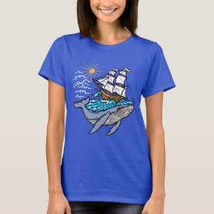 Camiseta Tema Náutico de Baleia Azul Navio à Vela Onda