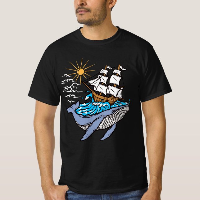 Camiseta Tema Náutico Onda de Navio de Navegação de Baleia  (Frente)