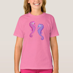 Camiseta Tema Praia Cavalos-marinhos Rosa e Roxo