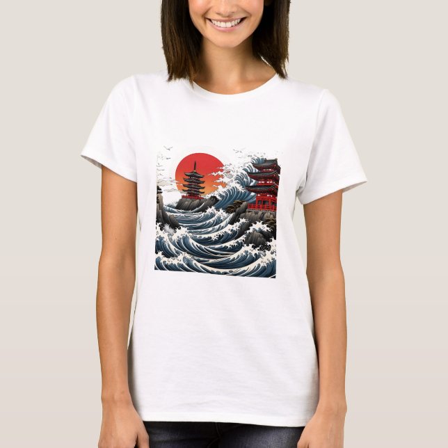Camiseta Temple Wave Art - Ukiyo-e Japanese Sunset Design (Frente)