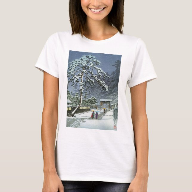Camiseta Templo de Honmonji na neve - 川瀬巴水 de Kawase Hasui (Frente)