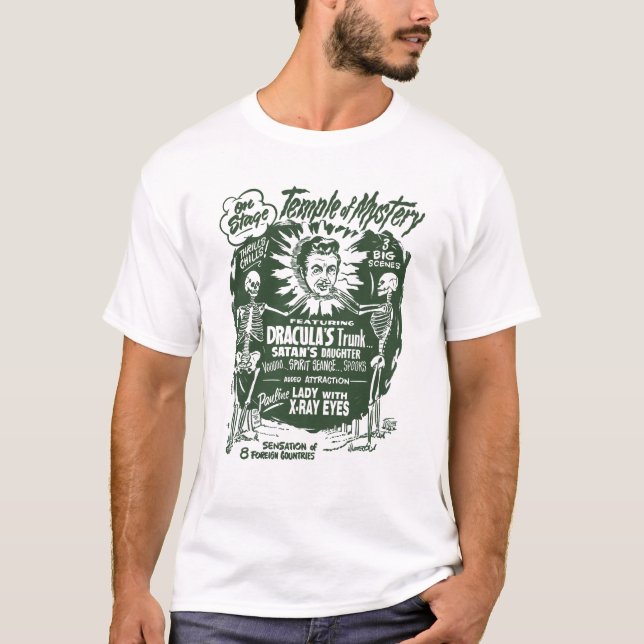 Camiseta Templo do poster da mostra do susto do mistério (Frente)