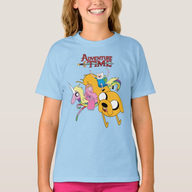 Camiseta Tempo de Aventura | Senhora, Bublegum, Finn e Jake (Frente)