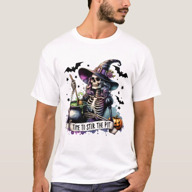 Camiseta Tempo para agitar a bruxa do esqueleto do Pote (Frente)