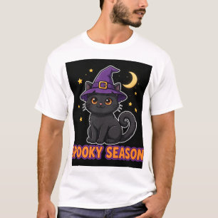 Camiseta Temporada Assustadora Gato Preto Chapéu de Bruxa