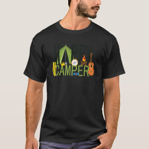Camiseta Tenda de Acampamento Feliz Camper Fogueira Guitarr