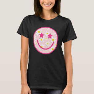 Camiseta Tendência de Flor de Rosto Feliz Rosa