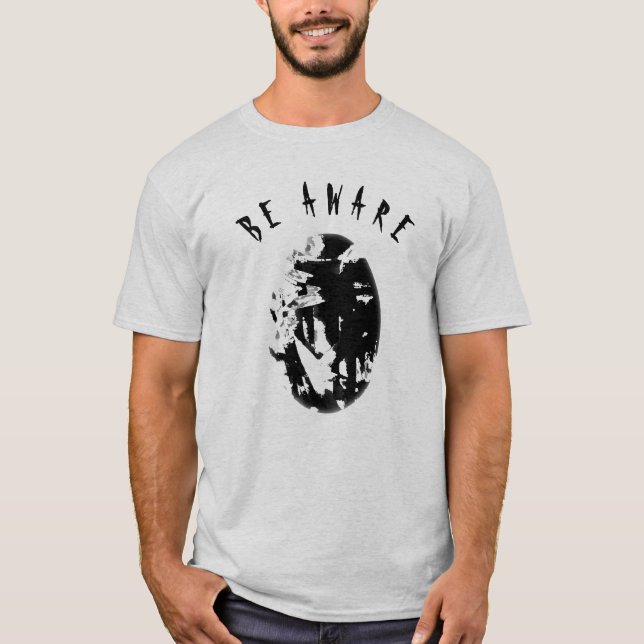 Camiseta "Tenha cuidado" Preto Humorístico, Inspiracional p (Frente)