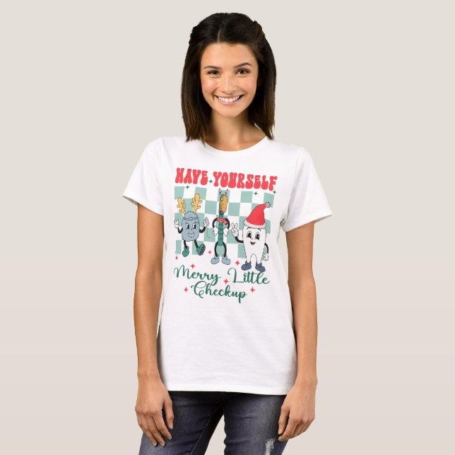 Camiseta Tenha Feliz De Pequeno Xmas Dental De Verificação (Frente Completa)