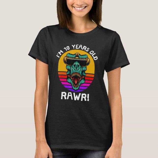 Camiseta Tenho 10 anos Rawr Retro Dinossaur Sunset 10th B (Frente)