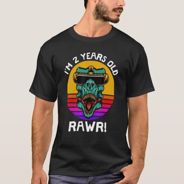 Camiseta Tenho 2 anos Rawr Retro Dinossaur Sunset segundo B (Frente)