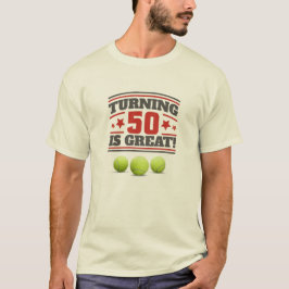 Camiseta Tênis 50º aniversário é excelente com bolas e rede