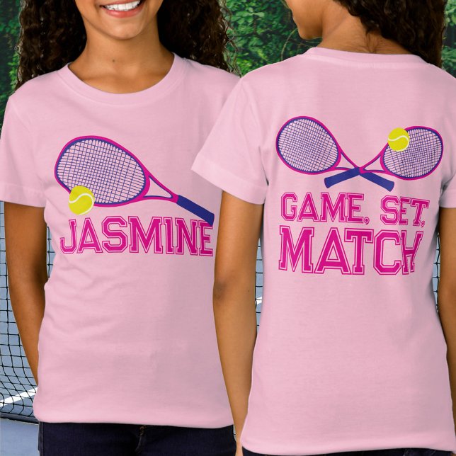 Camiseta Tênis racquet e bola, cor-de-rosa, gráficos person (Criador carregado)
