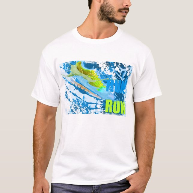 Camiseta Tênis RUN RUN Azul e Verde com Efeito de Tinta Pul (Frente)