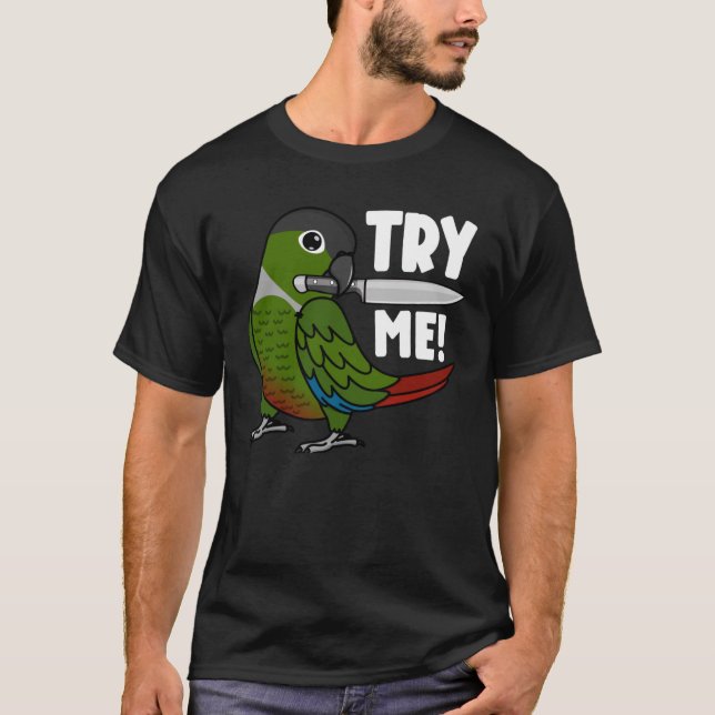 Camiseta Tente-Me Papagaio Com Faca, Conure Verde (Frente)