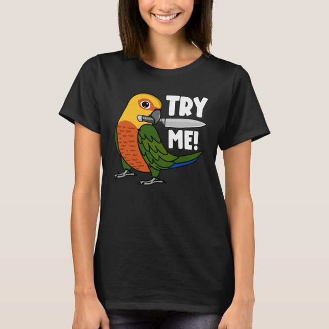 Camiseta Tente-Me Papagaio Com Faca, Jenday Conure (Frente)