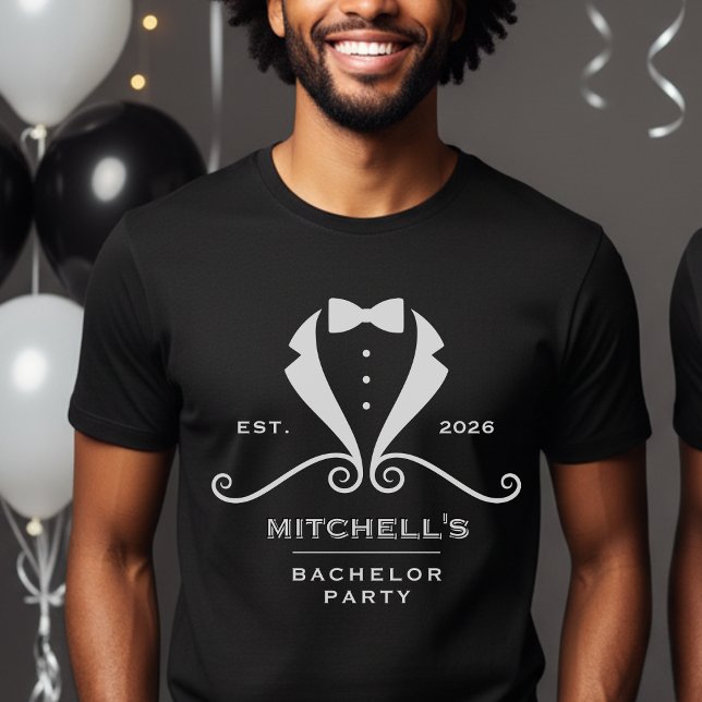 Camiseta Terno de Smoking Gravata Borboleta Preto Festa de  (Bachelor Party Tuxedo Suit Bowtie Black Wedding T-Shirt
)
