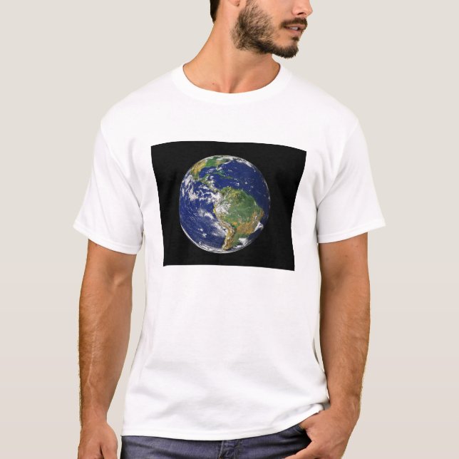 Camiseta Terra cheio mostrando a América do Sul (Frente)