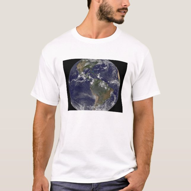 Camiseta Terra de cheio mostrando a América do Norte e o Su (Frente)