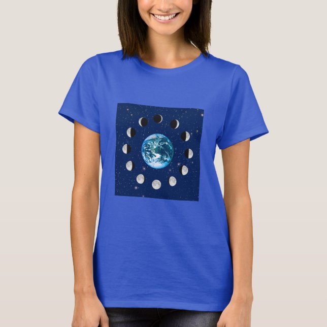 Camiseta Terra e Lua Fases com Fundo Estrelado (Frente)