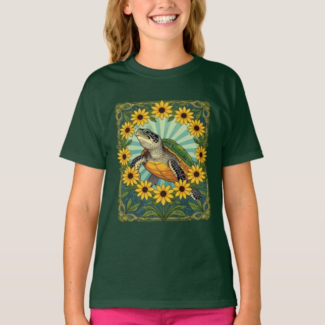 Camiseta Terrapin And Black Eyed Susan Flowers Art Nouveau  (Frente)