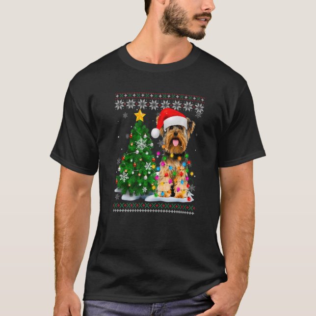 Camiseta Terrier Dog Santa Hat Natal Tre Yorkshire (Frente)
