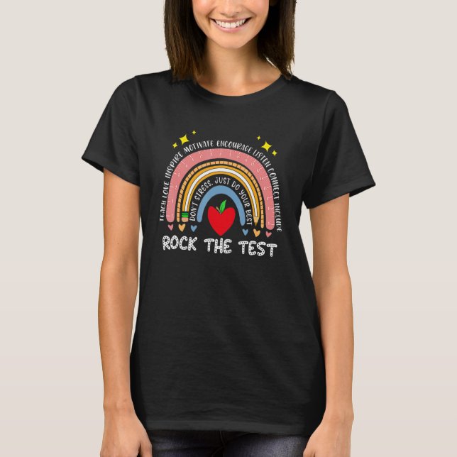 Camiseta Test Day Rock The Test Teacher Rainbow Testing Da (Frente)