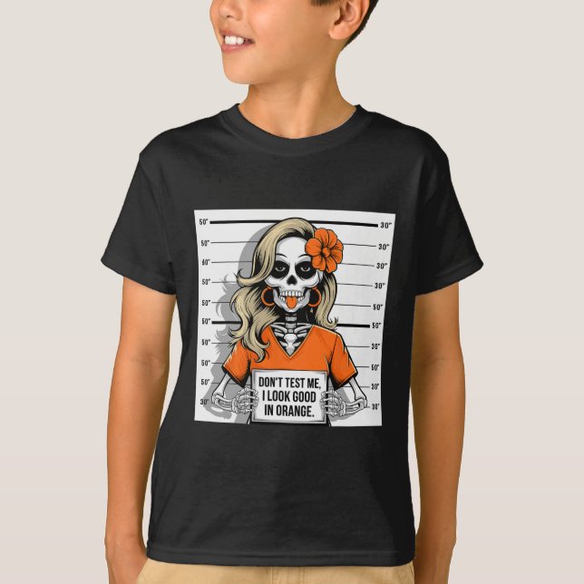 Camiseta Teste-me Eu Fico Bem De Laranja Esqueleto De Hallo (Frente)