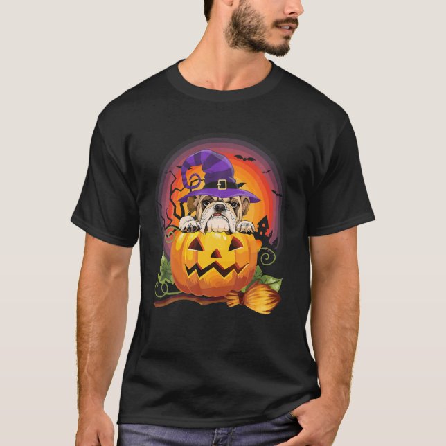 Camiseta Testemunha de Bulldog Pumpkin Halloween Cachorro F (Frente)