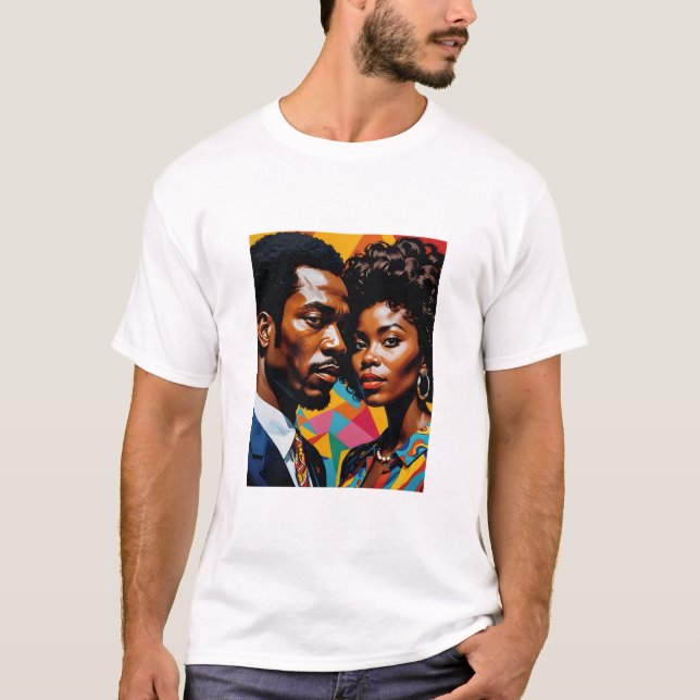 Camiseta Teto de Arte Afrocêntrico Vibrante para Casal de E (Frente)