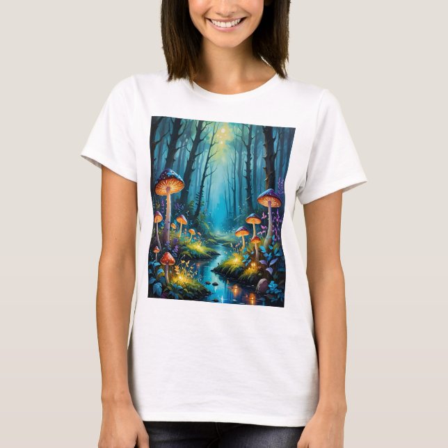 Camiseta Teto de Arte Fantasia Encantada em Floresta Mushro (Frente)