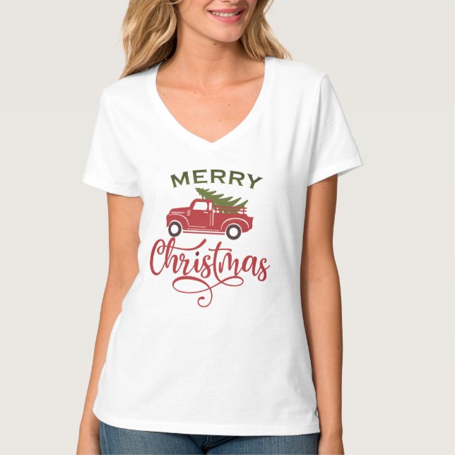 Camiseta Teto de Caminhão de Natal Vermelho, Árvore de Nata (Frente)