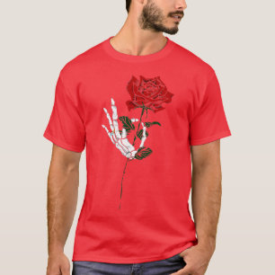 Camiseta Teto de Design de Tatuagem de Rosa de Skeleton