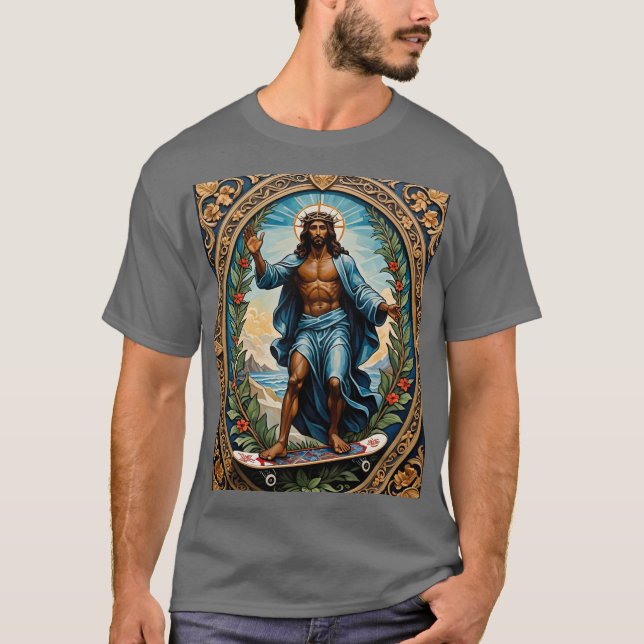 Camiseta Teto de Ícone Sagrado no Skateboard Jesus (Frente)