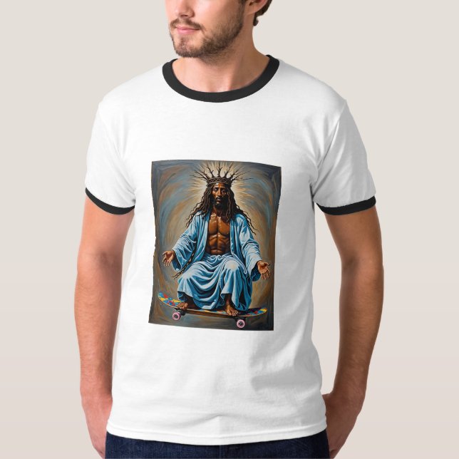 Camiseta Teto de Roupa do Skateboard Jesus Crowed King (Frente)