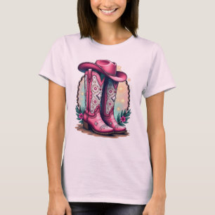 Camiseta Teto do Gráfico de Boots & Hat, Moça Rosa