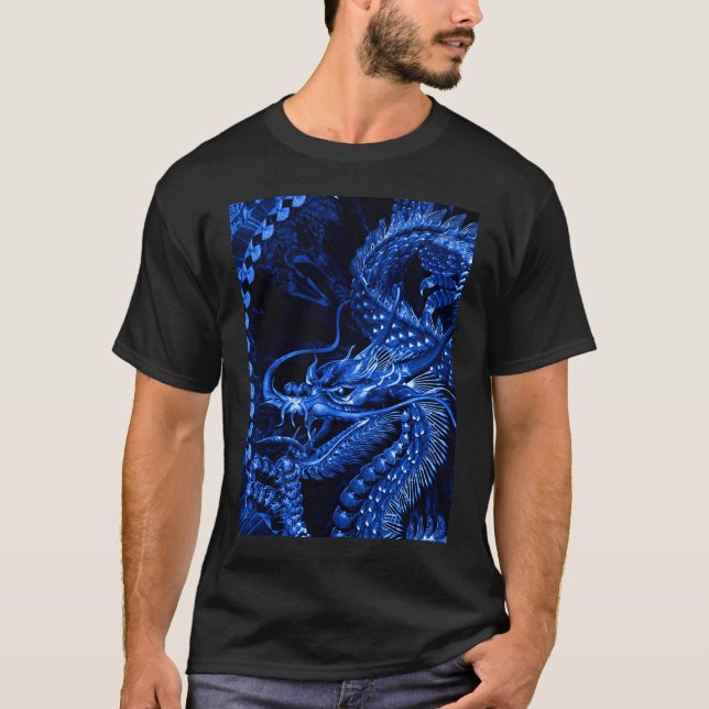 Camiseta Teto Gráfico de Arte do Dragão Chinês Azul (Frente)