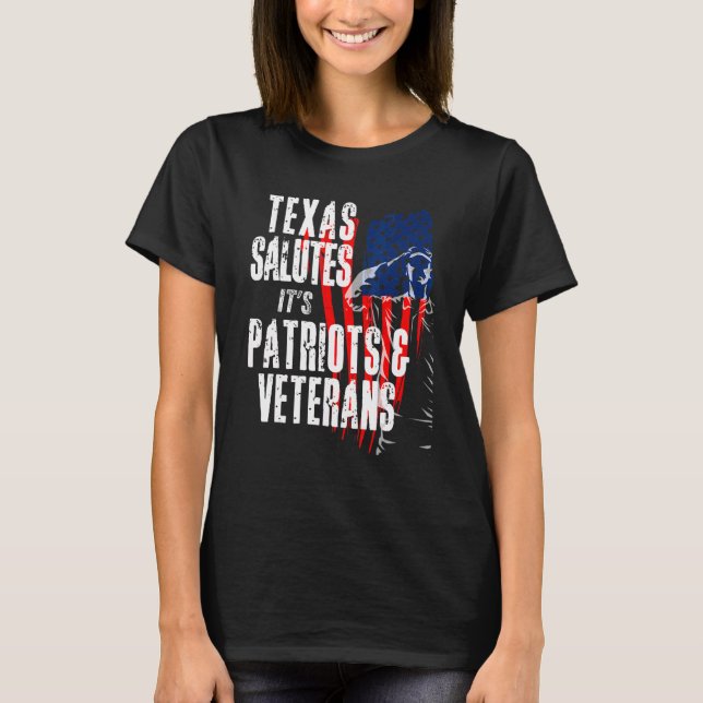 Camiseta Texas Saludia Seus Patriotas E Veteranos Americano (Frente)
