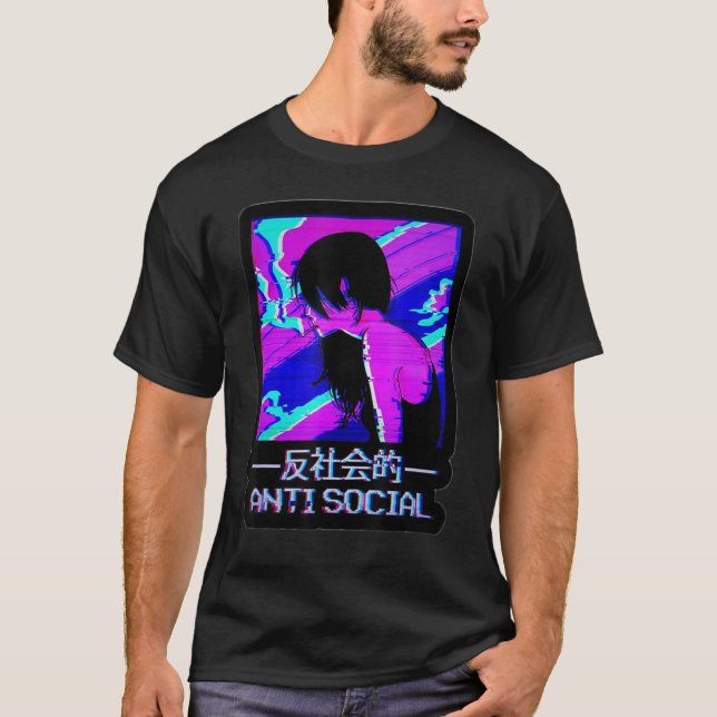 Camiseta Texto Antissocial Japonês Estético Vaporwave Gif (Frente)
