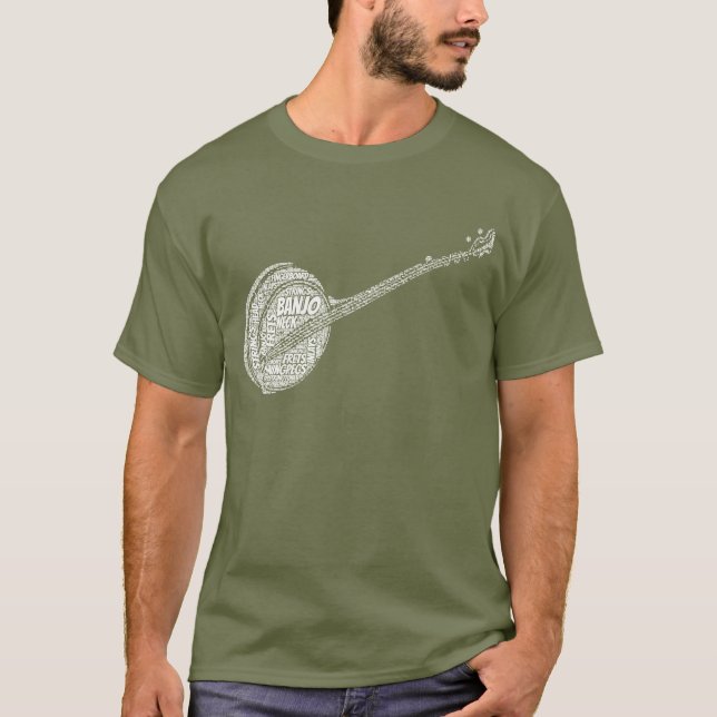 Camiseta Texto Branco de Arte em Forma de Banjo (Frente)