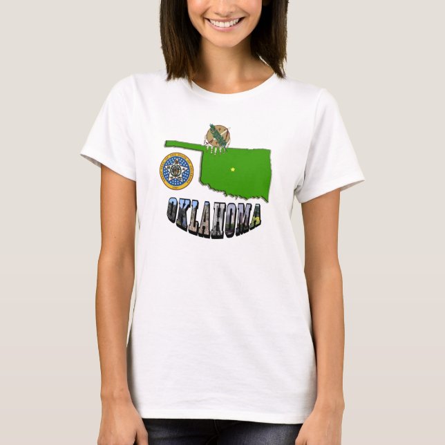 Camiseta Texto de Contorno, Selo e Imagem do Mapa de Oklaho (Frente)