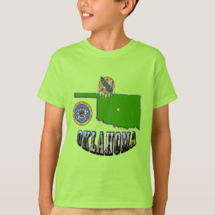 Camiseta Texto de Contorno, Selo e Imagem do Mapa de Oklaho